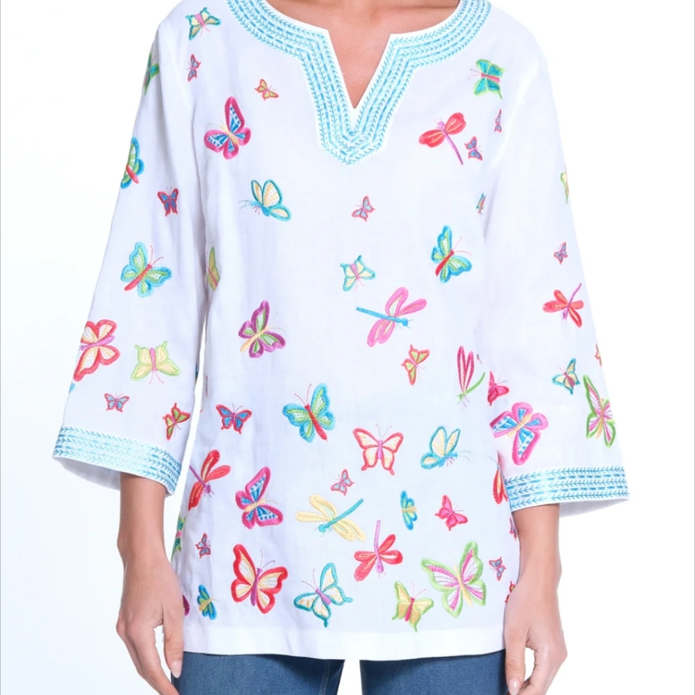 John Mark 100% Linen Butterfly Embroidery Split V-Neck 3/4 Sleeve Tunic
